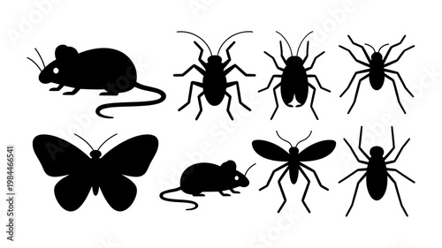Black silhouette icons of common pests including mice spiders beetles and butterflies vector