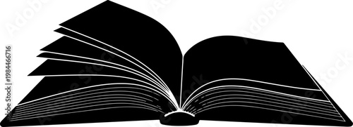 Open book silhouette with fanned pages on white background.