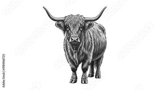 Highland cow full body front view shaggy fur farm animal vector illustration isolated on white background
