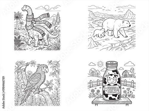 Coloring book pages, dinosaur, polar bear, parrot, honey jar, black and white illustrations, vector set of 4