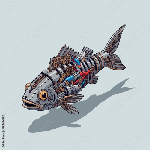 Steampunk fish skeleton with mechanical parts.