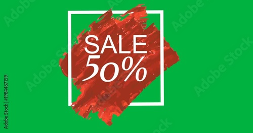 Digital animation of sale 50 percent text over red paint stroke against black background