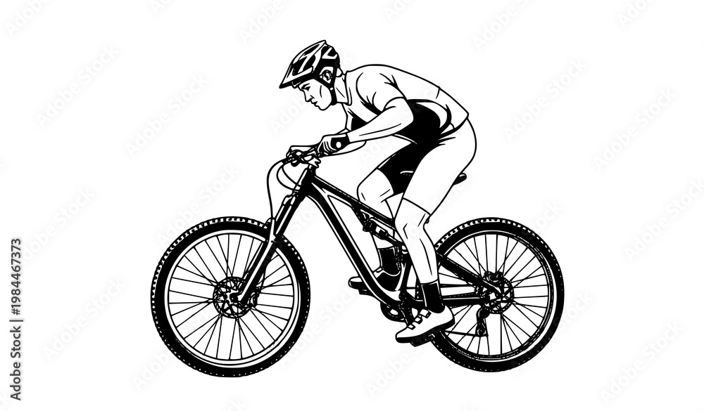 Fototapeta premium Mountain Bike Cyclist Vector Line Art Silhouette Illustration for Outdoor Adventure