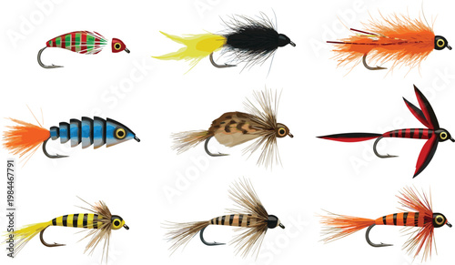 Fishing lure vector set with colorful artificial flies bait hooks for angling illustration isolated on white background