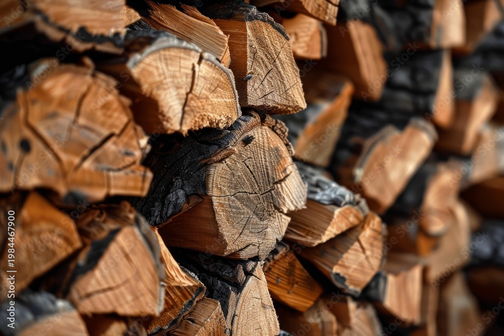 Naklejka premium Close up of stacked firewood logs, highlighting the intricate growth rings and cracks in the wood grain, creating a rustic and natural texture