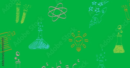 Digital animation of multiple chemistry and science concept icons against black background