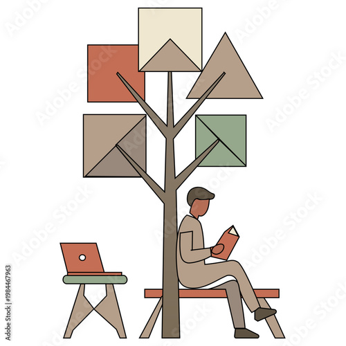 Person Reading on Bench Under Abstract Geometric Tree Illustration. Flat design illustration of a man sitting on a wooden bench reading a book. An abstract tree with square 