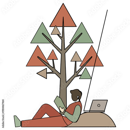 Man Reading Under Geometric Tree Minimalist Vector Illustration. A minimalist flat vector illustration of a man reclining under a tree made of triangles. He is reading a paper book 