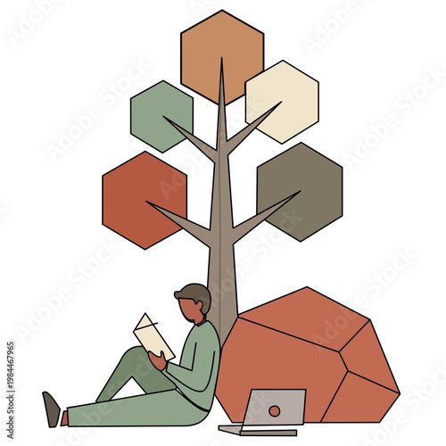 Man Reading Book Leaning on Geometric Rock Under Hexagon Tree. Minimalist flat design featuring paper book and closed laptop. Concept of focus and tranquility.
