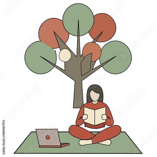 Woman Reading in Lotus Position Under Abstract Circle Tree. Minimalist vector illustration of a woman sitting in a lotus pose on a mat, reading a book. An abstract tree
