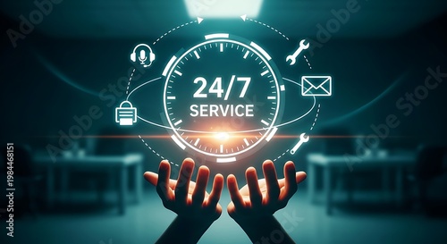 Hands cupped under glowing 247 service icons in a dark room with a clock and tools