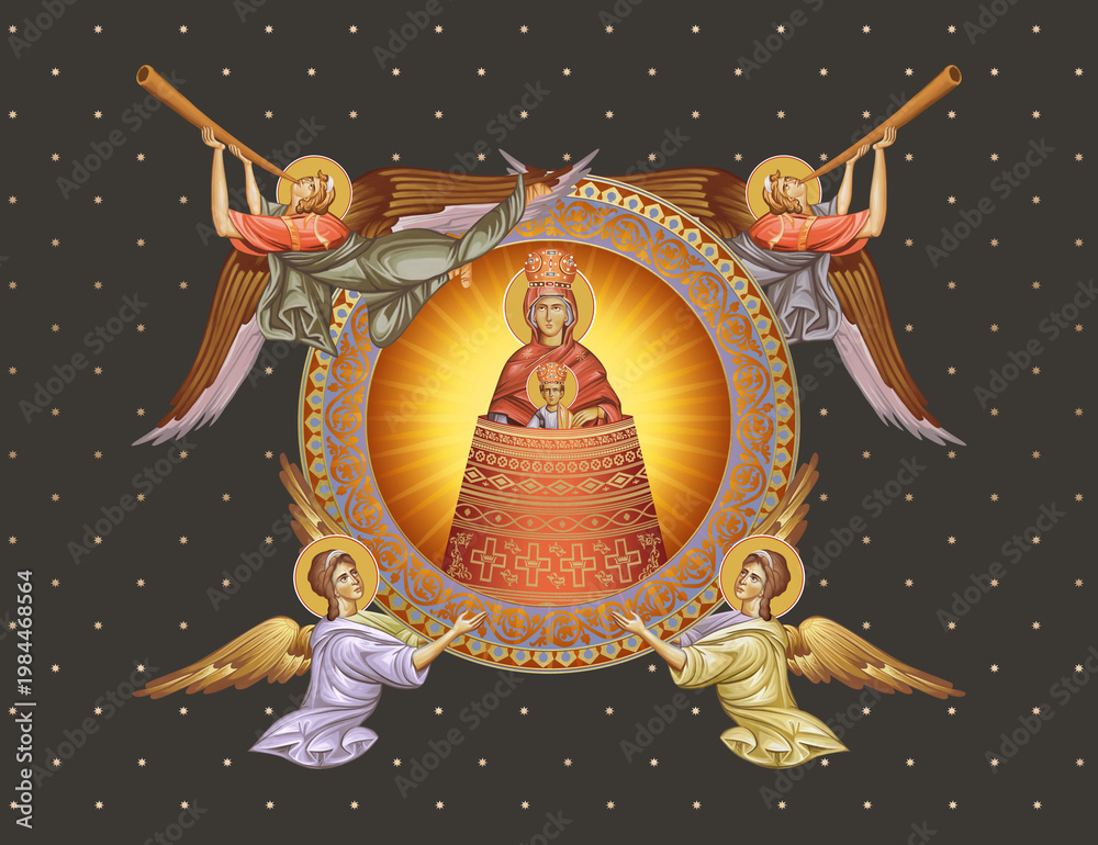 Fototapeta premium Addition of the Mind. The Blessed Virgin Mary and Jesus Christ. Decorative vintage illustration with angels in Byzantine style