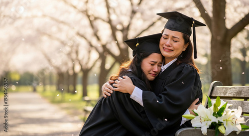 A heartwarming graduation moment for a mother and daughter, sharing a tearful embrace filled with joy, marking a significant academic milestone
