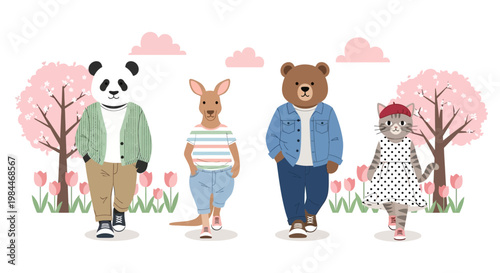 Cute anthropomorphic cartoon animals, a panda, kangaroo, bear, and cat, walking forward in a row in a spring park with cherry blossom trees and tulips.