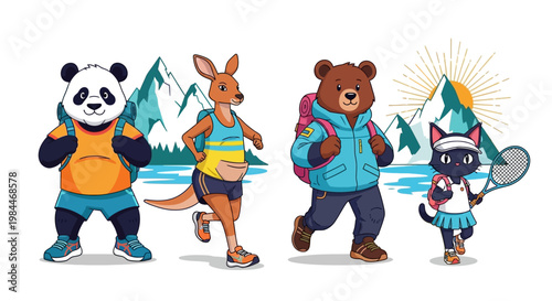 Cartoon vector illustration of a diverse group of anthropomorphic animals running and hiking together on an outdoor path with a mountain and river background.