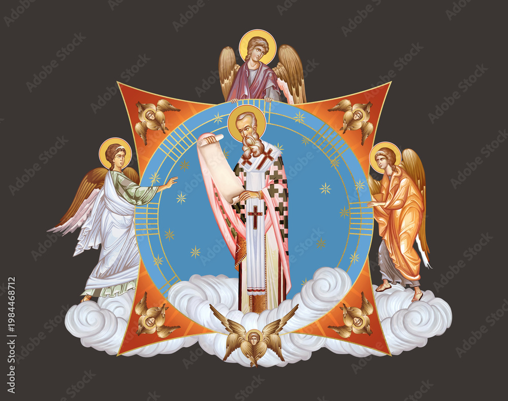 Fototapeta premium Anastasius I Dicorus. Illustration in Byzantine style with angels and seraphim