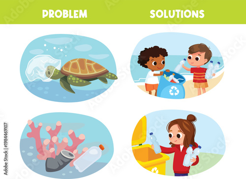 Turtle dies getting entangled in plastic bag. Children kids contribute to protecting the world's oceans seas from pollution with microplastics. Sort plastic waste. Clean up the coastline. Corals die f