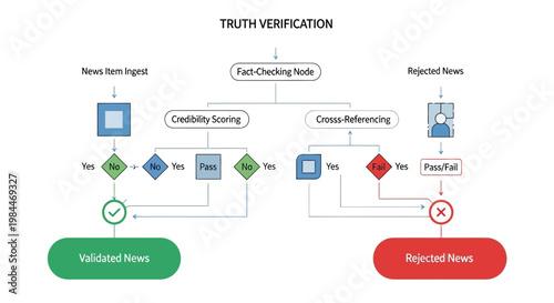 Fact checking workflow, truth verification process, Press freedom day, credibility scoring flowchart, news validation tool, fake news detection diagram