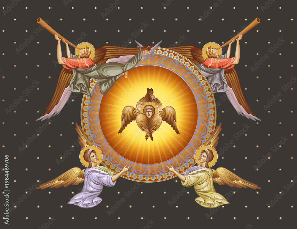 Fototapeta premium Illustration with angels and seraphim in Byzantine style