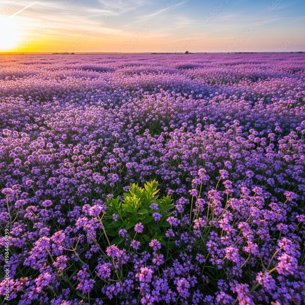 Obraz premium Vibrant purple verbena field at sunset a serene landscape of blooming flowers.