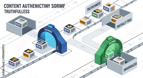 Content Authenticity, Misinformation, Fact-Checking, Workflow, Infographic, Blue, Press freedom day, Green, Vector