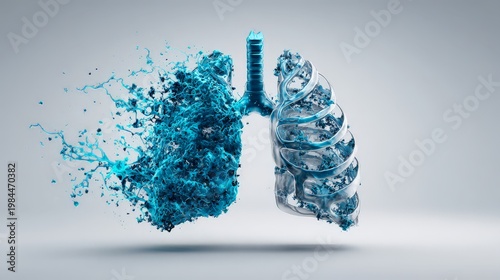 Digital illustration of lungs transforming with blue liquid effect. Used in clinics, physical therapy, and orthopedics to promote spinal health and alleviate back discomfort.