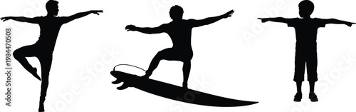 Silhouette of a person in three yoga poses with a surfing board shadow