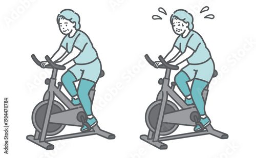 フィットネスバイクを漕ぐぽっちゃりシニア女性の比較セットイラスト
