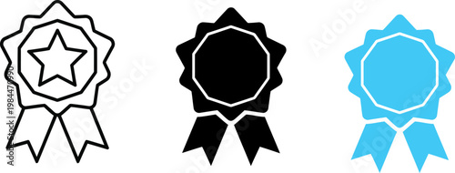 Three ribbon badges gold black and blue variations displayed