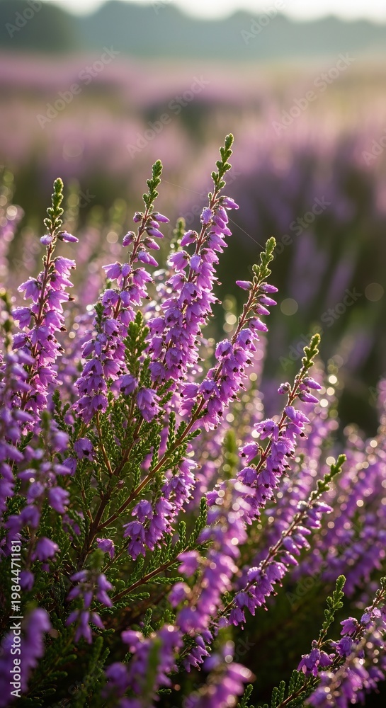 Obraz premium Vibrant purple heather flowers blooming in a field under soft sunlight.