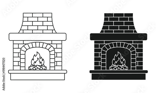 Two black and white fireplace designs outline and solid fill