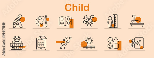Child set icon. Line collection with drawing easel, paint palette, open book, music child, height scale, sandbox toy, blocks bear, learning tablet, star play, classroom, shapes, scissors.