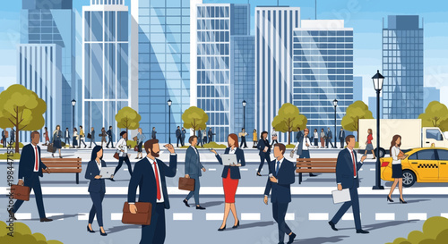 Busy city street with diverse people walking, modern buildings, and yellow taxi.