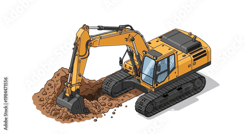 Yellow excavator digging soil on white background, construction heavy machinery illustration