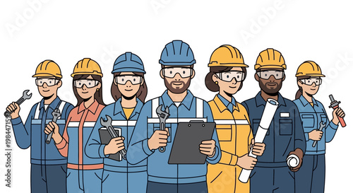 Diverse team of skilled workers in hard hats and safety glasses, holding tools and blueprints.