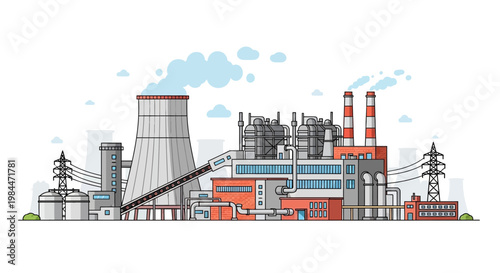 Industrial Power Plant Complex with Cooling Tower and Smoke Stacks