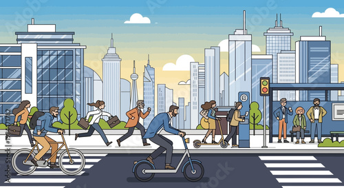 Diverse people commuting in modern city with eco-friendly transport, pixel art style