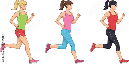 Women running illustration set with jogging poses female fitness activity and healthy active lifestyle sports design collection