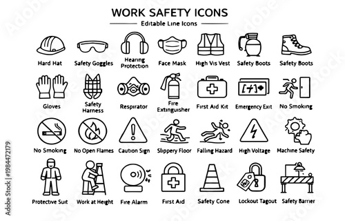 Work Safety Line Icons Set – Construction, PPE, Industrial Protection and Workplace Safety Vector Collection