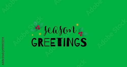 Digital animation of seasons greetings text with mistletoe icons against white background