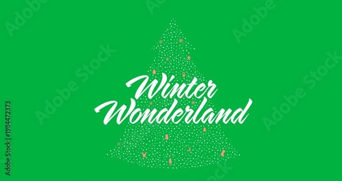 Digital animation of winter wonderland text over christmas tree against black background