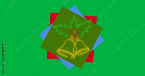 Neon mistletoe and christmas bells icons over colorful square banner against black background