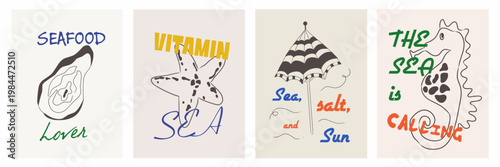 Summer Italy la dolce vita vintage posters. Amalfi or Sicily of postage stamps with Italian Mediterranean oyster, sea star, umbrella, seahorse wall decor. Vector illustration ink doodle sketch style.