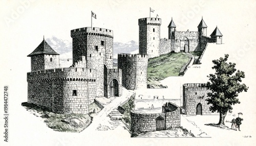 Medieval Castle Architecture Illustration with Towers and Walls.