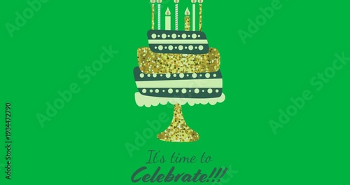 Digital animation of its time to celebrate text banner with cake icon against black background