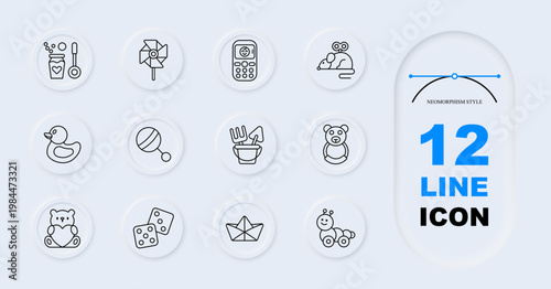 Baby toy set icon. Line style icons display soap bottle, pinwheel, toy phone, rocking horse, rubber duck, rattle ball, sandbox tools, teddy bear, plush bear, dice toy, paper boat, toy car
