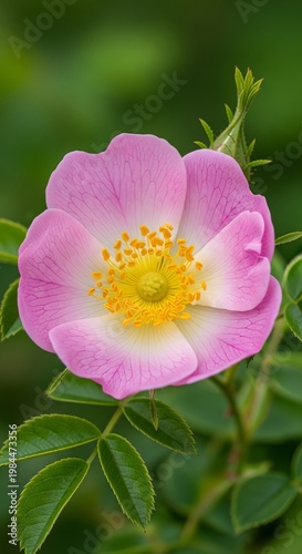 Delicate pink rose blossom with yellow center in natural light.