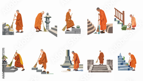 Collection of Buddhist monks in traditional orange robes sweeping temple steps and courtyards, vector flat illustration set on white background.
