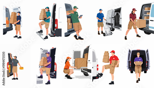 Set of various delivery couriers loading and unloading cardboard boxes from commercial vans, flat vector illustration on white background.