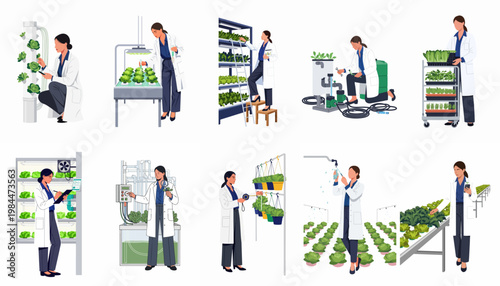 Collection of flat vector illustrations featuring a female agricultural scientist working in modern hydroponic and vertical farming environments.